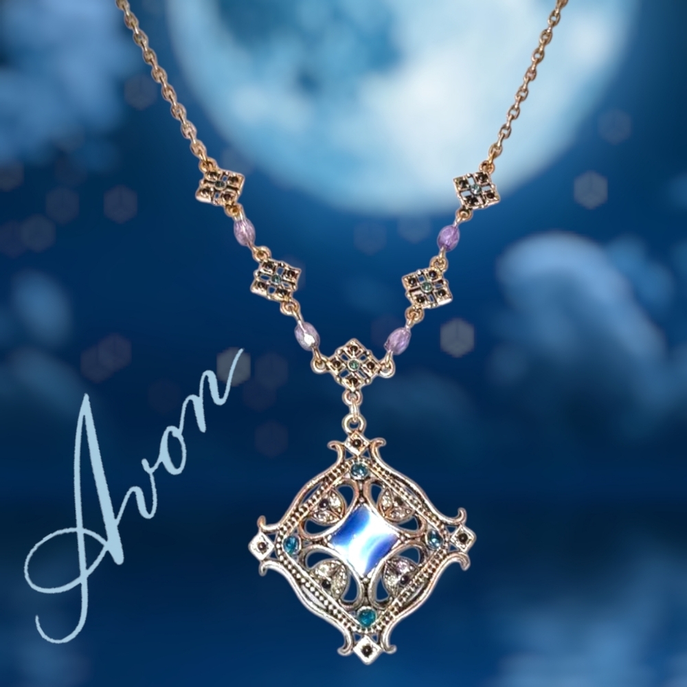 Avon Silver-tone Necklace Blue Moonstone Glass Necklace